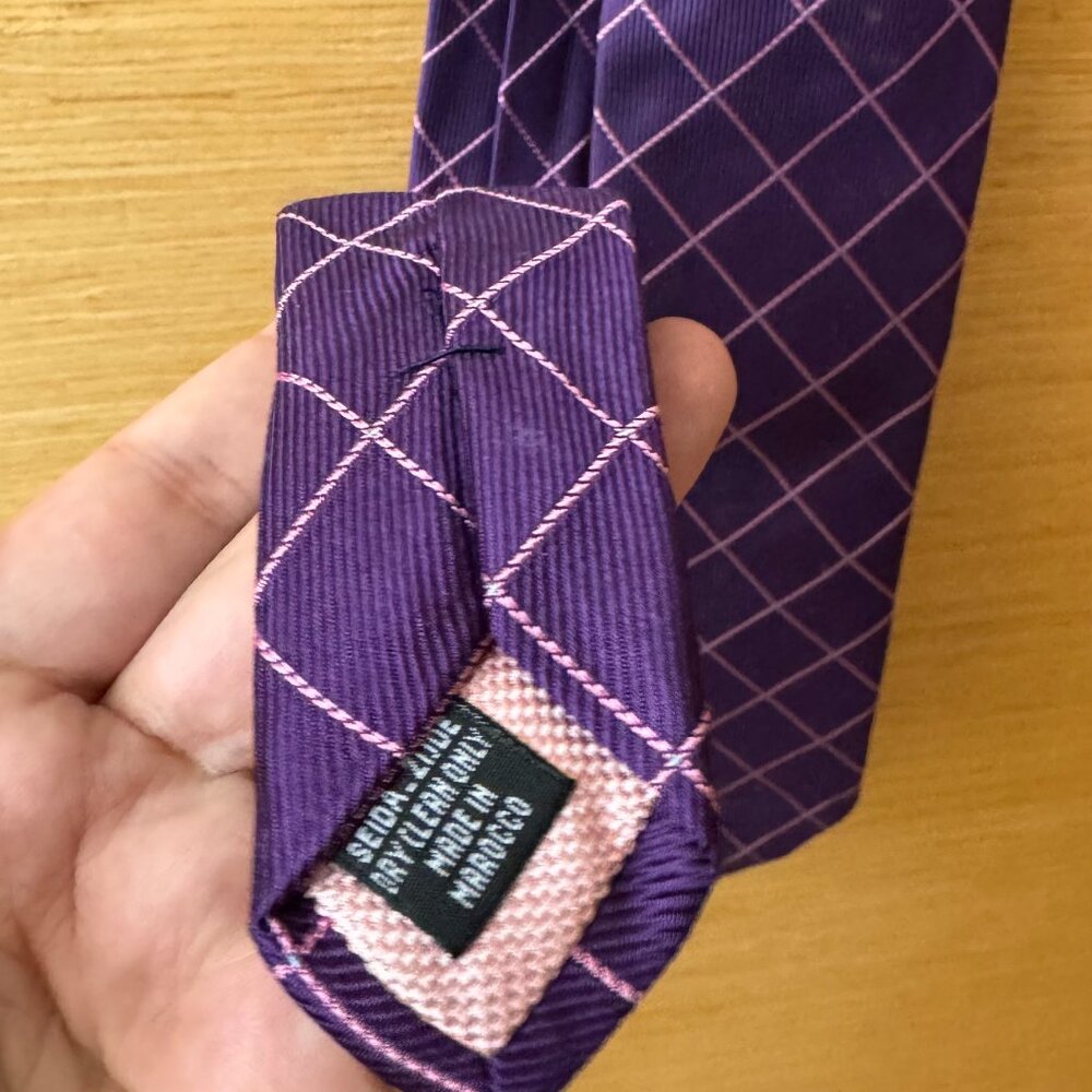 Gorgeous 100% Silk Thomas Pink Purple Tie with Pink Grid Pattern - 3.5 in